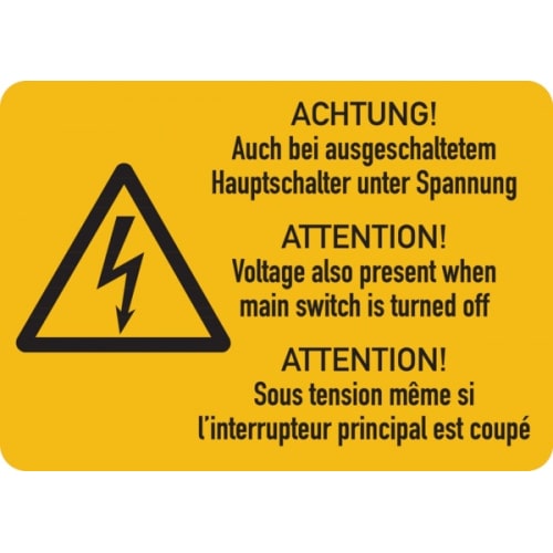 Warnschild, Hauptschalter unter Spannung (3-sprachig), Folie - 52x37 mm Folie selbstklebend