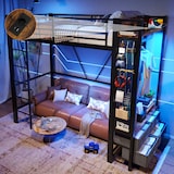 thumbnail of Hochbett 90x200 Metallrahmen mit LED-Beleuchtung, USB + Typ-C Anschluss, 4 Schubladen, Hängestangen, Lochbretter, Stauraum, Schwarz