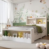 thumbnail of Einzelbett 90x190 mit Stauraum-Schubladen, Kopf- und Fußregal, Massivholzgestell, platzsparend, modernes Design Weiß+Eichefarben