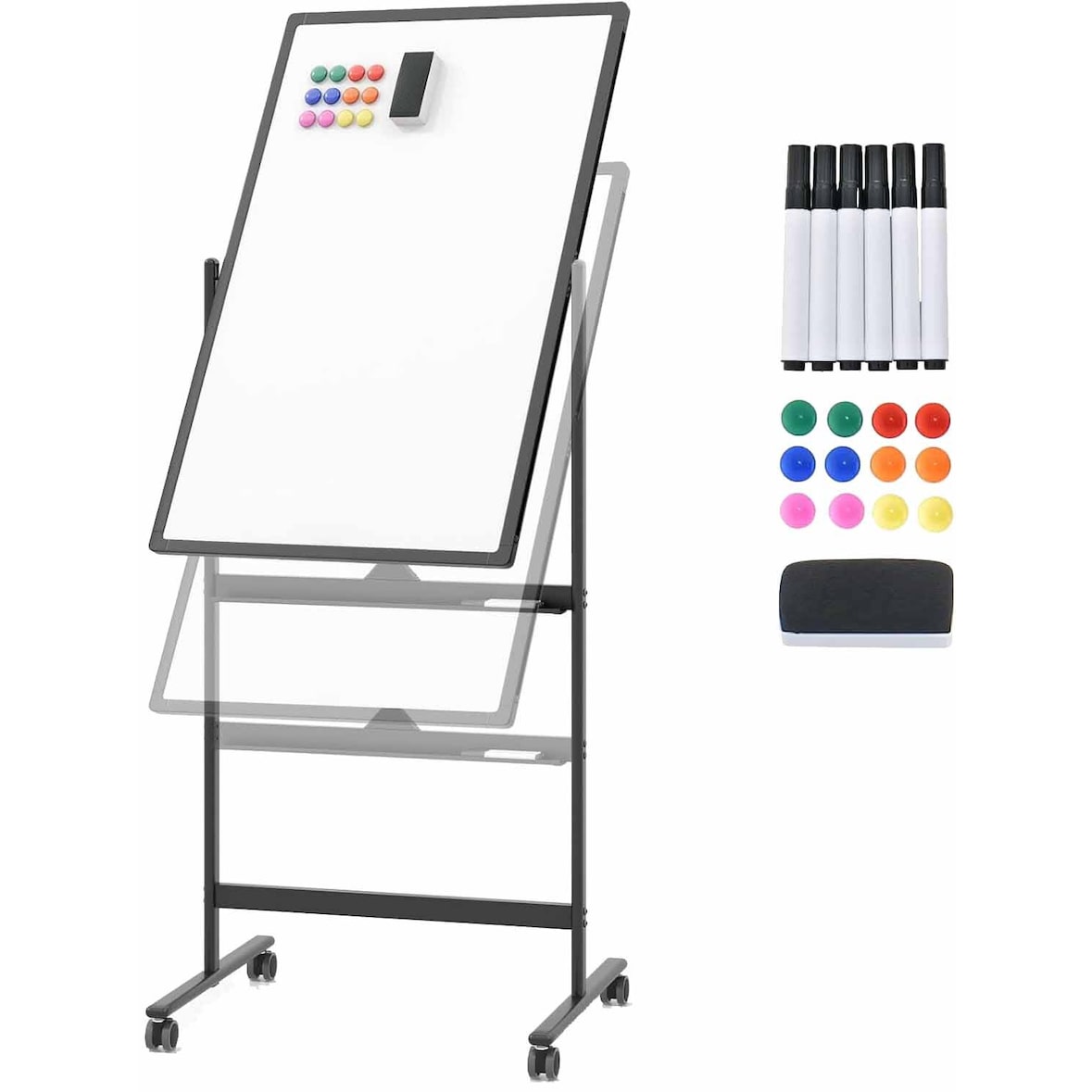 COSTWAY Doppelseitiges mobiles Whiteboard, 60 x 100 cm, höhenverstellbares magnetisches Whiteboard mit Rollen