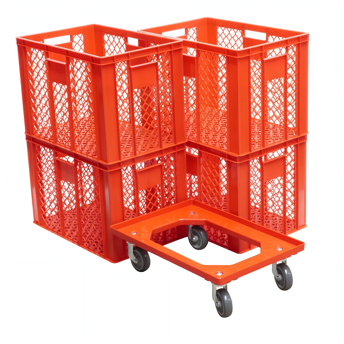 4 Stück Bäckerkisten 600 x 400 x 410 mm + 1 Transportroller in rot