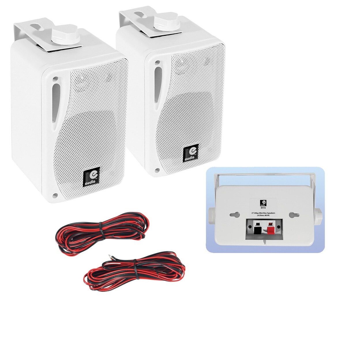 Paire de mini enceintes E-Audio B416 80W Blanches 3 voies avec support - Idéal pour une utilisation domestique ou commerciale