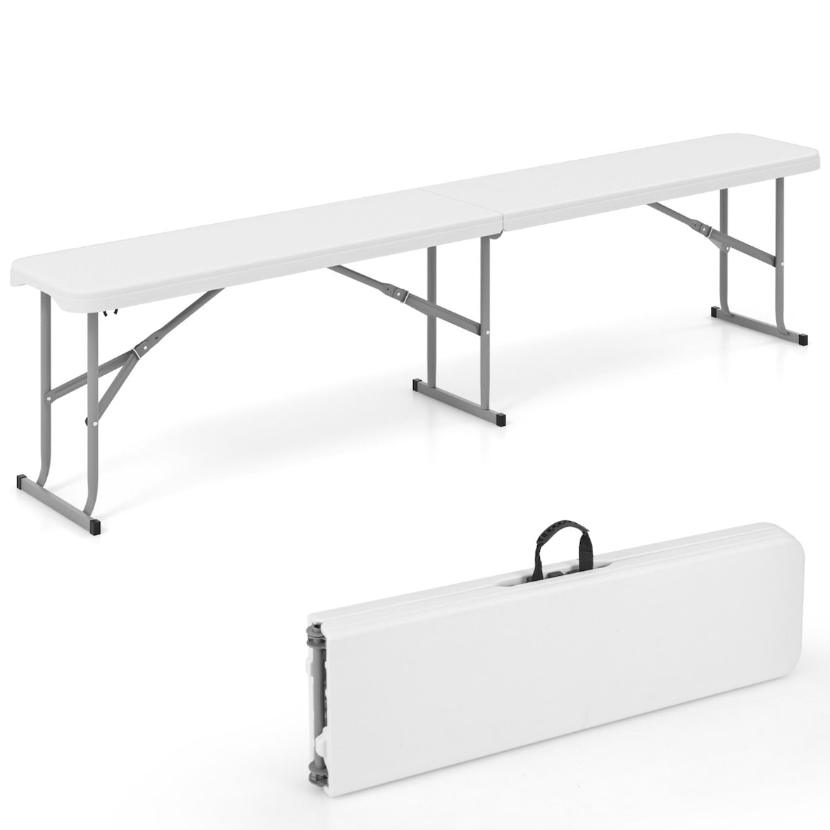 Helloshop26 - Opvouwbare plastic tuinbank 182 x 27,5 x 43 cm praktisch en draagbaar voor gebruik buitenshuis gemaakt van wit HDPE 20_0010584