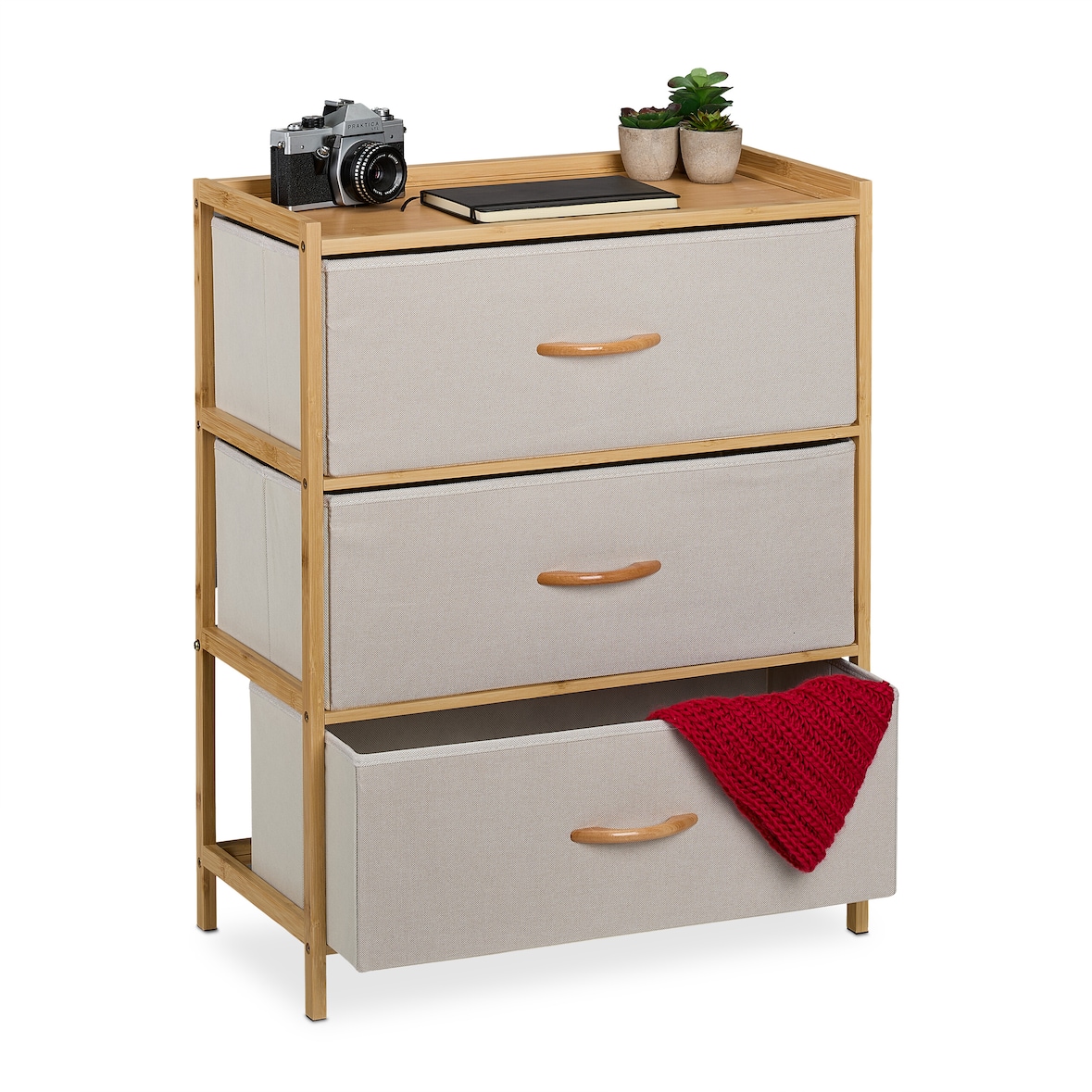 Relaxdays Kommode, Bambus, 3 Stoff-Schubladen, Flur, Schlafzimmer, HBT 73 x 57,5 x 30 cm, Schubladenschrank, natur/beige