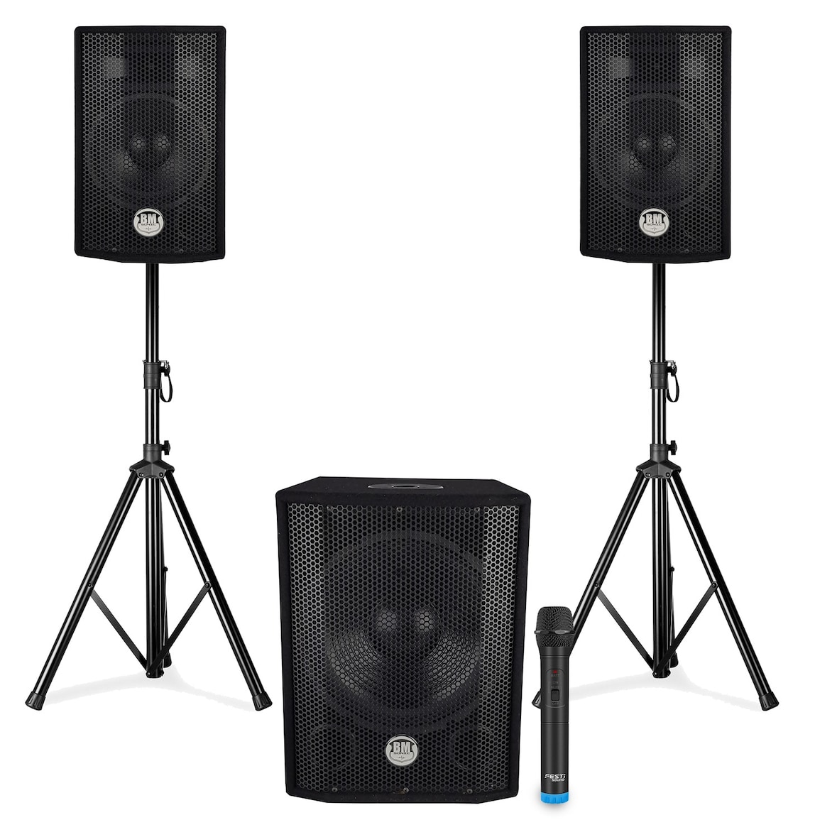 Pack Sono triphonique BM SONIC 1208, Caisson bi-amplifié 1000W - USB Bluetooth, 30cm, 2 SAT 8" 2x200W, câbles, pieds, Micro VHF