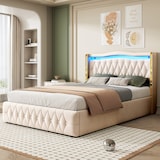 thumbnail of Polsterbett mit LED-Beleuchtung, hydraulischem Stauraum, Samtstoff, robustes Design, 140x200 cm, Beige, elegantes Kopfteil, stabiler Rahmen