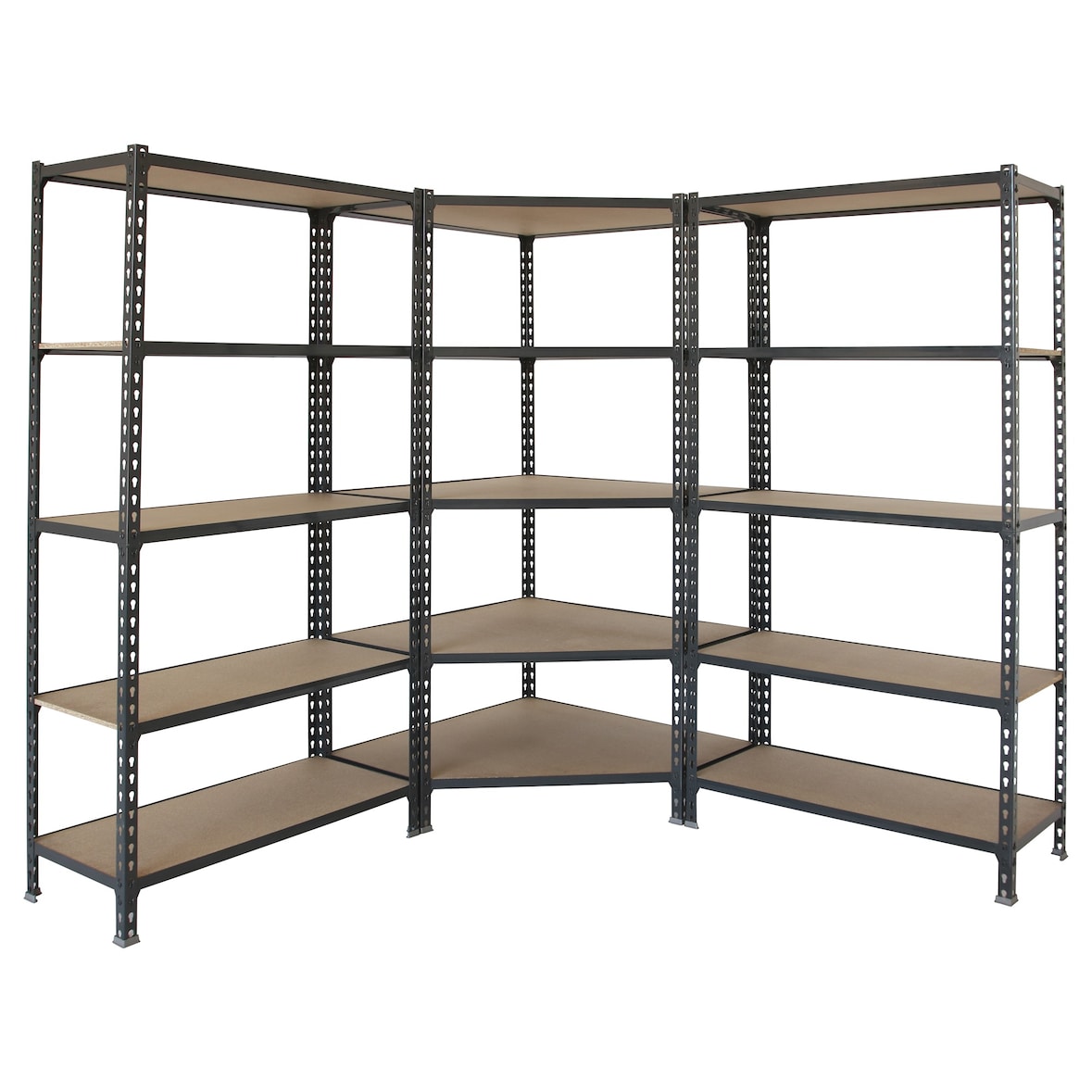 Maderclick Metalen hoekrek zonder schroeven 5 planken + 1 Maderclick plank. Kleur blauw/oranje/hout 1800x1800x400 mm