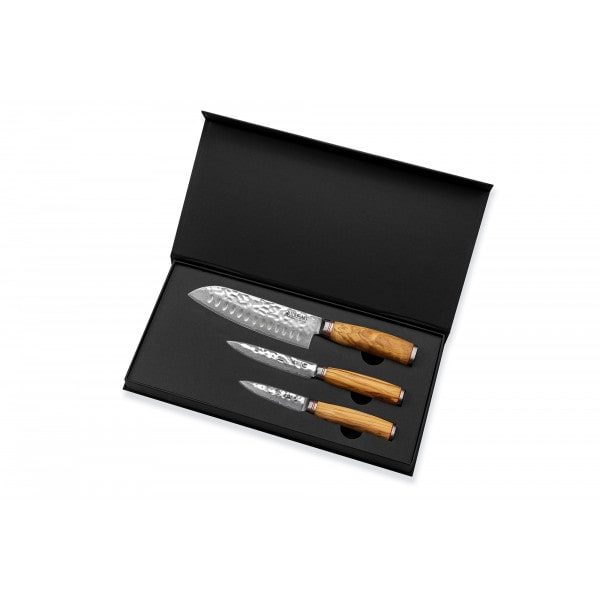 3 couteaux Wusaki Damas 10Cr en coffret élégant (santoku alvéolé, universel, office)