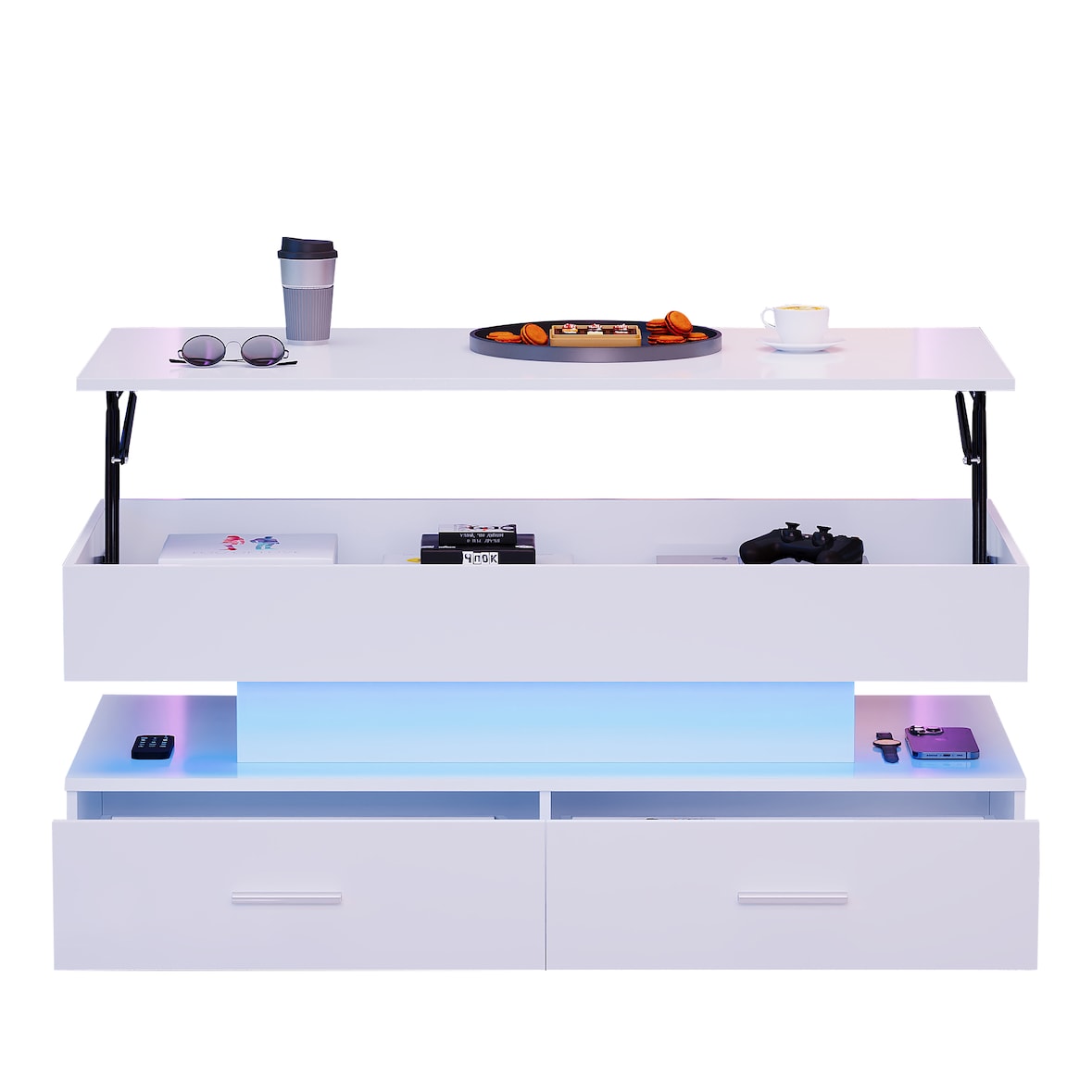 Höhenverstellbarer Couchtisch mit LED-Beleuchtung, Musiksteuerung, Stauraum, 2 Schubladen, Weiß, 100x50x44 cm, Modernes Design