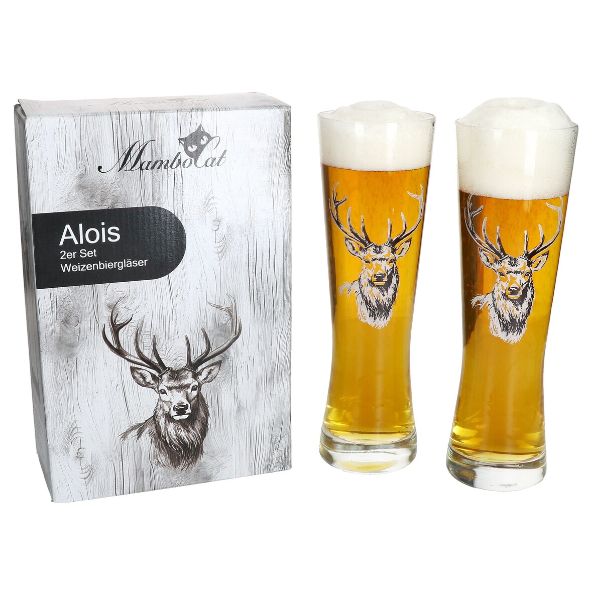 Alois 2er Set Weizenbierglas 0,5 L Hirschmotiv Geschenkverpackung