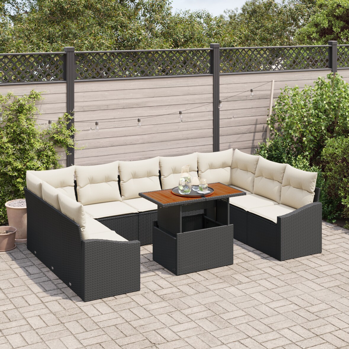 vidaXL 10-teiliges Gartentischset mit Kissen in Schwarz