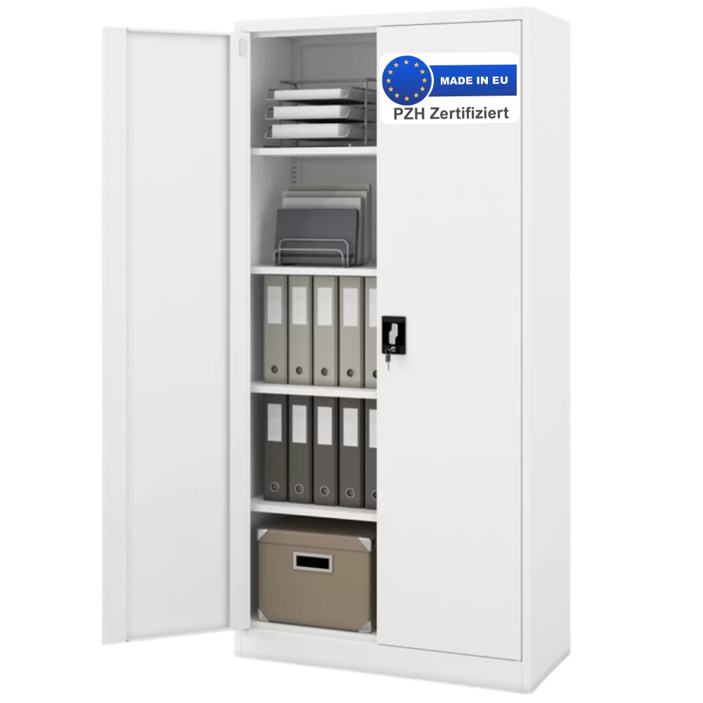 Aktenschrank abschließbar KADO - 5 Ebenen, Flügeltüren | Metallschrank Werkstatt Büroschrank aus Stahl Werkzeugschrank, 185x90x40cm Weiß