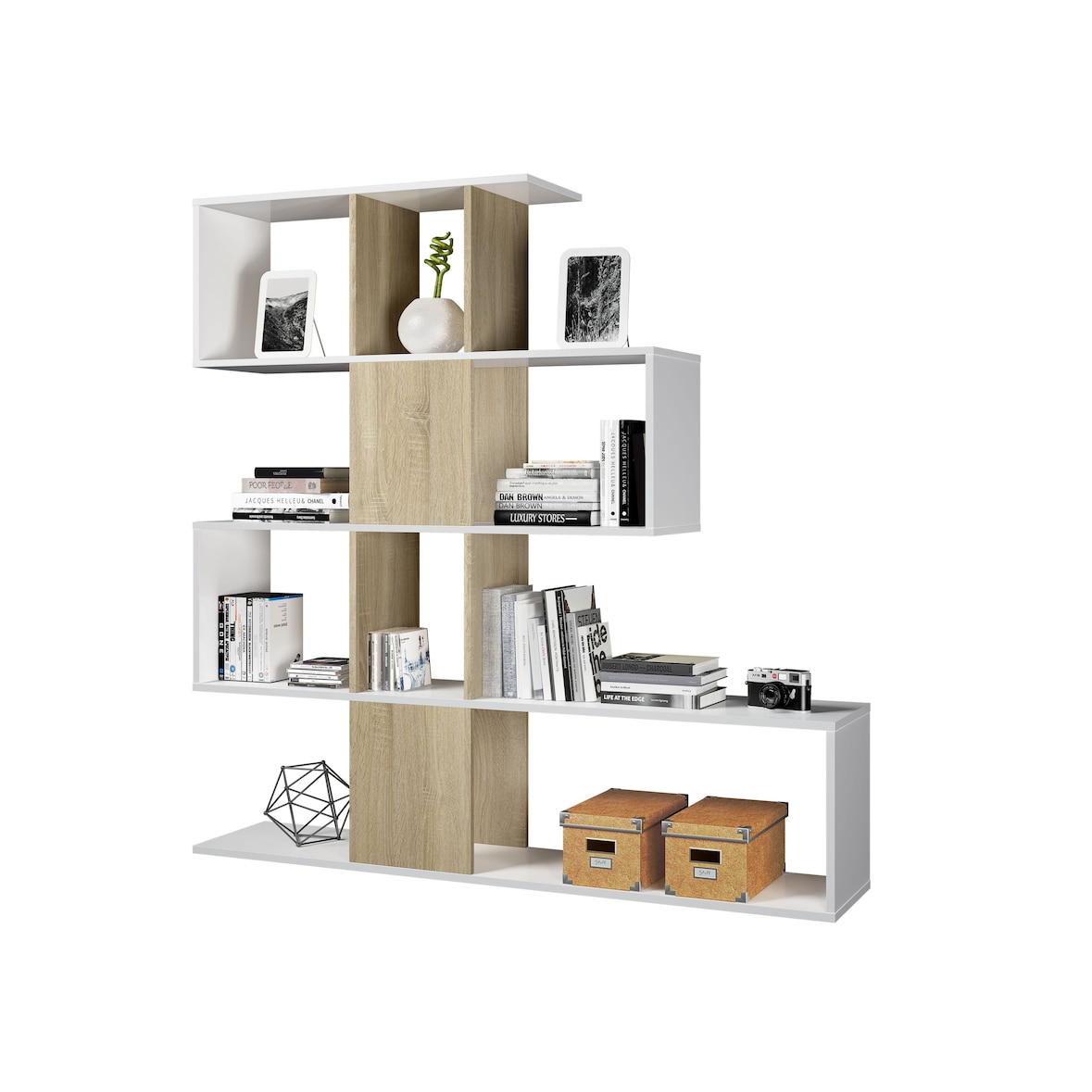 Libreria Design Zig Zag Scaffale Mensola Moderna Bianca Rovere Mobile per Libri con Ripiani per Soggiorno Salotto 145 x 145 x 29 cm Bianco Rovere