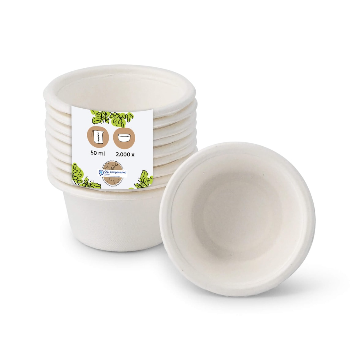 BIOZOYG 2000 Stück Mini-Dipschälchen Zuckerrohr 50ml, biologisch abbaubar - Perfekt für Saucen, Fingerfood - Einwegschälchen, Beilagenschälchen