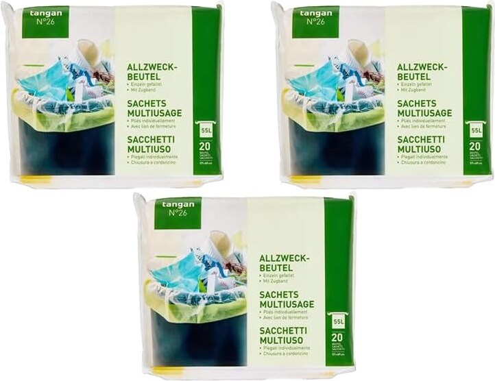 Müllbeutel Allzweckbeutel Reißfeste Müllbeutel mit Zugband 55L Einzeln gefaltet - 3 Packung x 20 Beutel