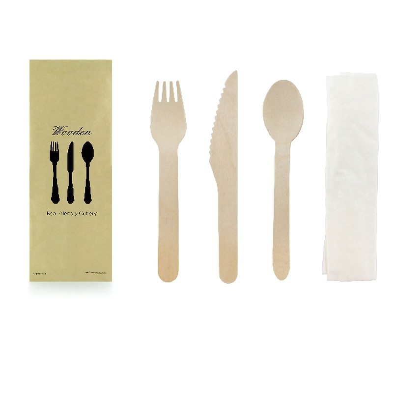 FHC - 250Pcs - Kit couverts bois 4/1: couteau fourchette cuillère serviette, emballage kraft - 165mm