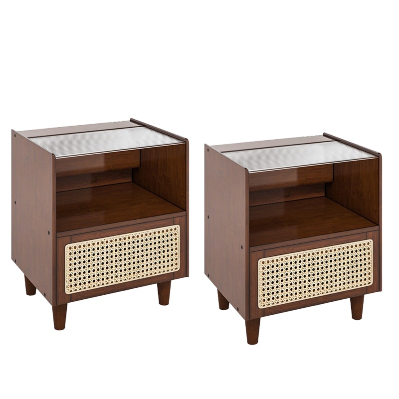 COSTWAY comodino in rattan, set di 2, comodino in bambù con cassetto, tavolo da letto con piano da tavolo in vetro e compartimento aperto