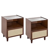 thumbnail of COSTWAY comodino in rattan, set di 2, comodino in bambù con cassetto, tavolo da letto con piano da tavolo in vetro e compartimento aperto