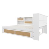 thumbnail of Multifunktionales Schlafsofa 140x200 weiß Massivholz mit Ausziehbett & Stauraum - Inklusive Ladesteckdosen, platzsparendes Gästebett mit Rattan-Design