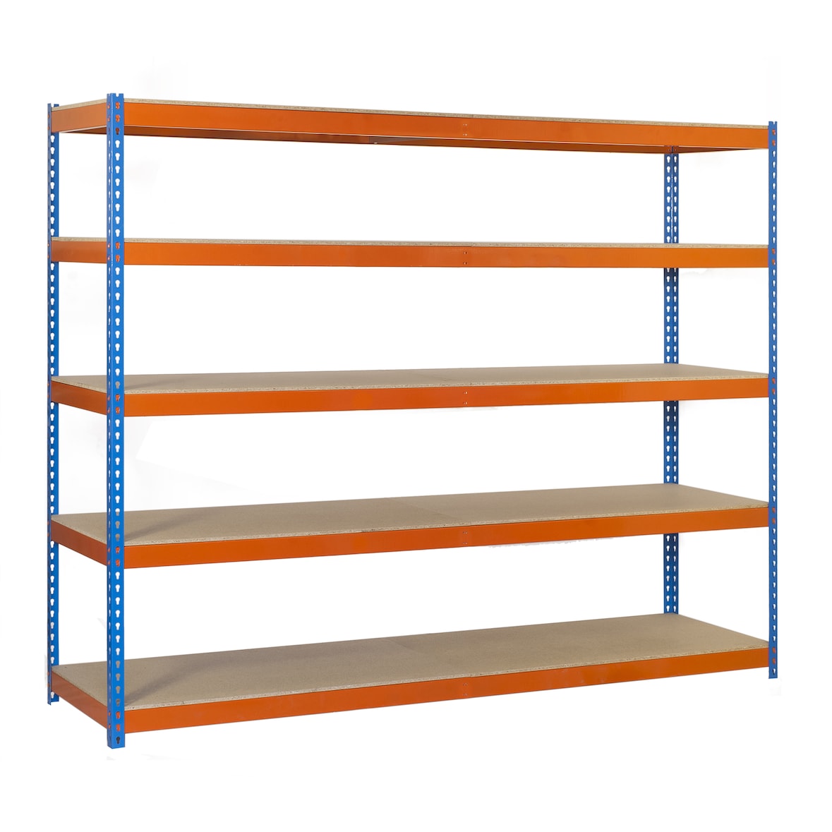 Simon Rack Estanteria Industrial, 2000x1200x600 mm, 400 kg de Punto Flexión, 5 Estantes Madera, Azul/Naranja/Madera - SimonTaller