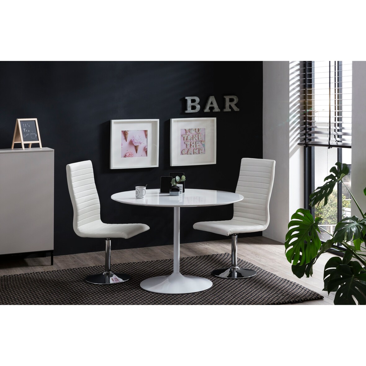 SalesFever Essgruppe 5-tlg. | rund 110 cm | Tischplatte Hochglanz + Gestell Metall | 4x Drehstuhl Kunstleder + Fuß verchromtes Metall | weiß