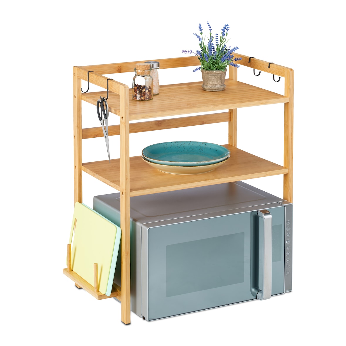 Relaxdays Mikrowellen Regal, HxBxT: 67 x 61 x 35 cm, Bambus, 2 Ebenen, Bretthalter, 4 Haken, Küchenregal stehend, natur