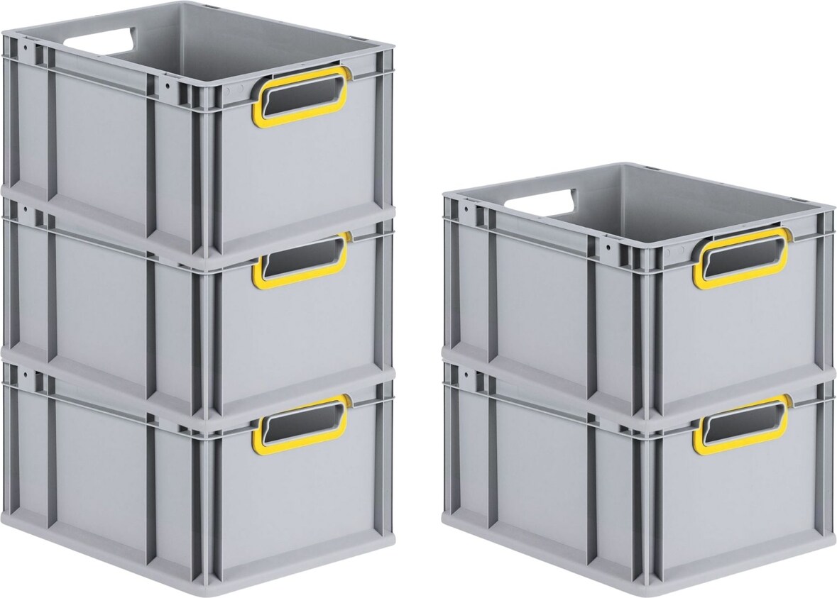 PROREGAL 5x Eurobox NextGen Color | HxBxT 22x30x40cm | 20 Liter | Griffe gelb offen | Glatter Boden | Eurobehälter