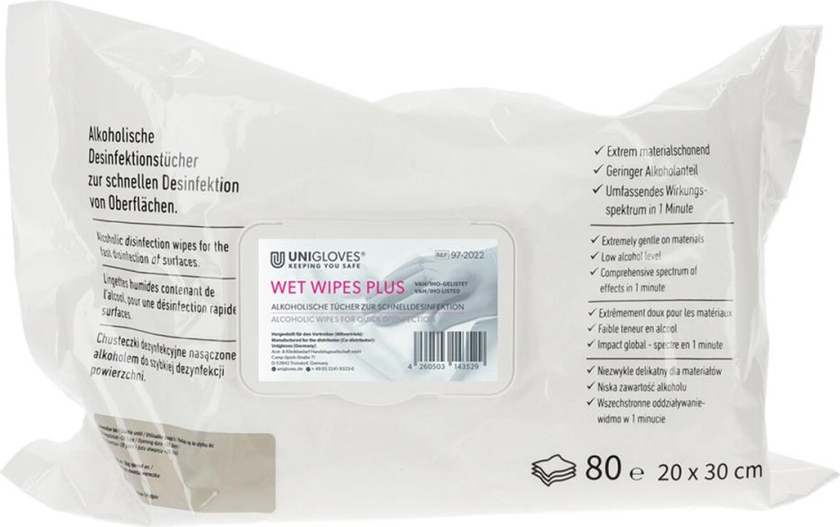 UNIGLOVES Wet Wipes Plus - Desinfektionstücher - gebrauchsfertig - 6 x 80 Stück
