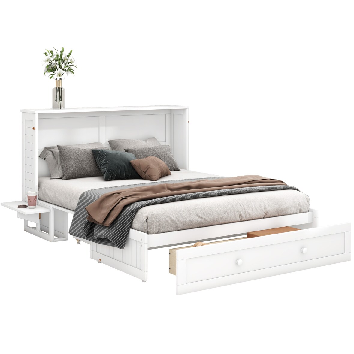 Mobiles Schrankbett 140x200 mit Schubladen und Regalfunktion, Kiefernholz/MDF, weiß – Platzsparend und funktional für kleine Räume