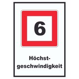thumbnail of Höchstgeschwindigkeit 6 km/h nicht zu überschreiten Schild mit Symbol und Text A4 Rückseite selbstklebend
