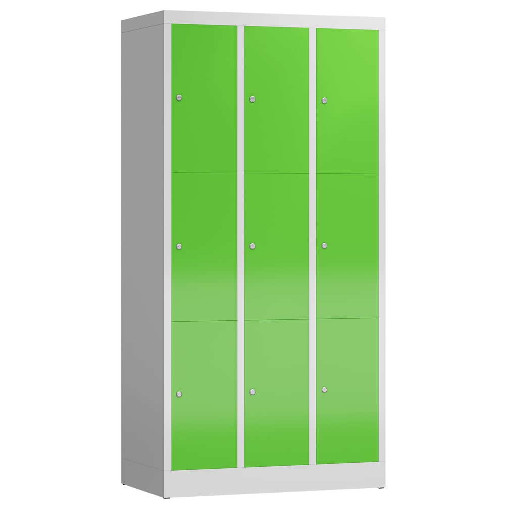 ClassiX Schließfachschrank, 3 Abteile à 3 Fächer, 1800 x 870 x 500 mm, lichtgrau/gelbgrün