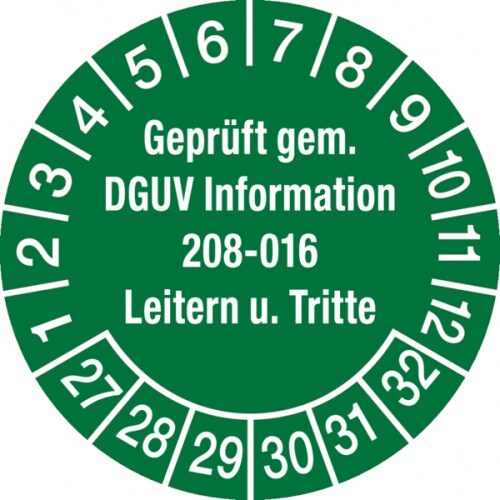 Prüfplakette ab 27, DGUV Information 208-016 Leitern und Tritte, grün/weiß, Ø 30 mm - Bogen = 10 Plaketten - 30 mm Folie selbstklebend