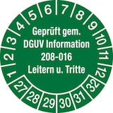 thumbnail of Prüfplakette ab 27, DGUV Information 208-016 Leitern und Tritte, grün/weiß, Ø 30 mm - Bogen = 10 Plaketten - 30 mm Folie selbstklebend