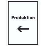thumbnail of Produktion Schild mit Text und Richtungspfeil links Herstellung hochkant A6 Rückseite selbstklebend