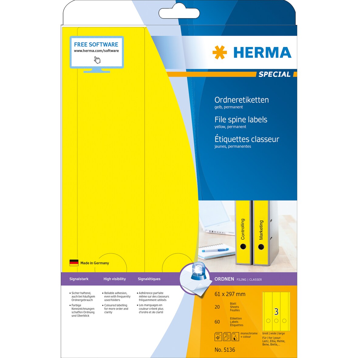 HERMA Ordneretikett 5136 61x297mm gelb 60 St.Pack.