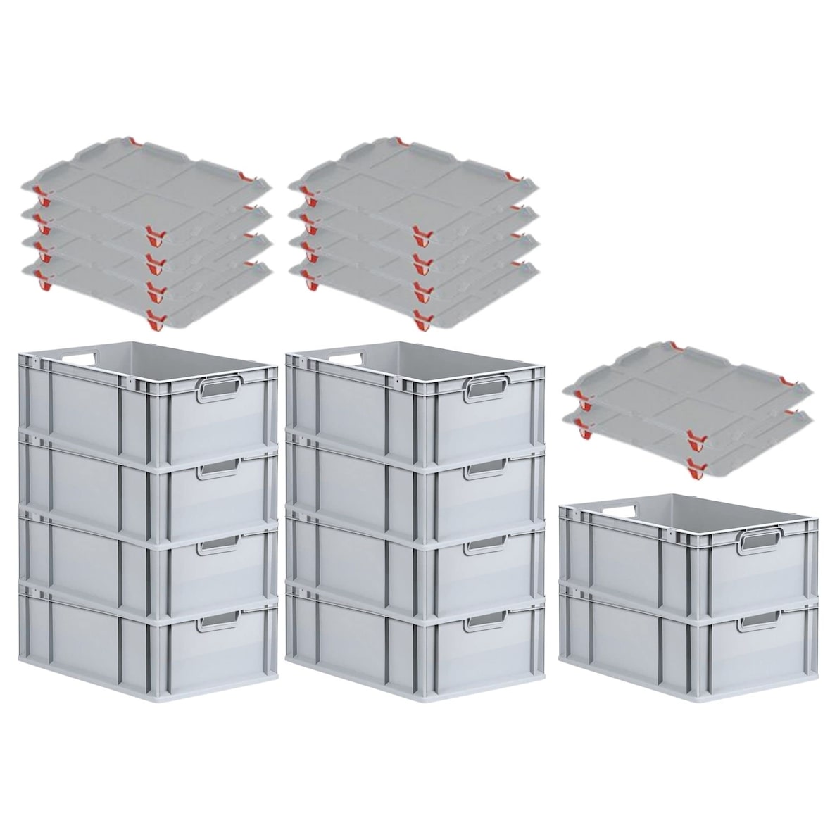 PROREGAL SparSet 10x Eurobox NextGen Grip mit Auflagedeckel & 4 roten Verschlüssen, HxBxT 22x40x60cm, 44L, Grau, Griffe offen, Eurobehälter
