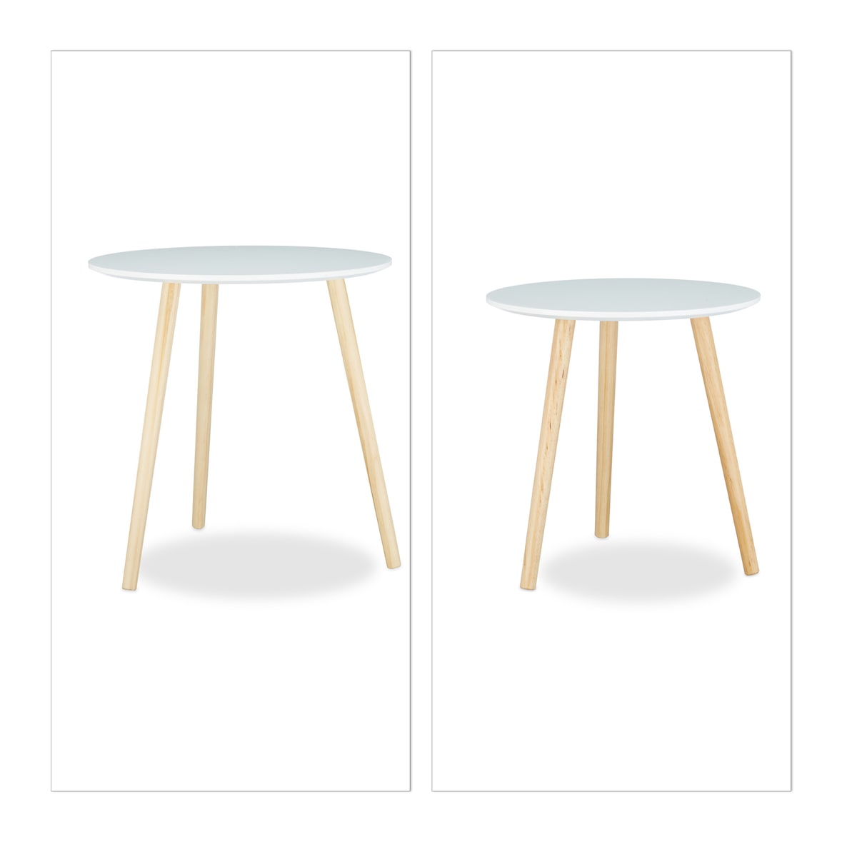 Relaxdays Beistelltisch 2er Set skandinavisch, 70er Design, Nachttische, Satztische, Durchmesser 39 und 47,5 cm, weiß