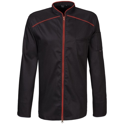 220 - Kochjacke langarm, 2-wege RV, Fb. schwarz mit farbiger Paspel : rot 65% Polyester 35%Baumwolle 220 g/m² S