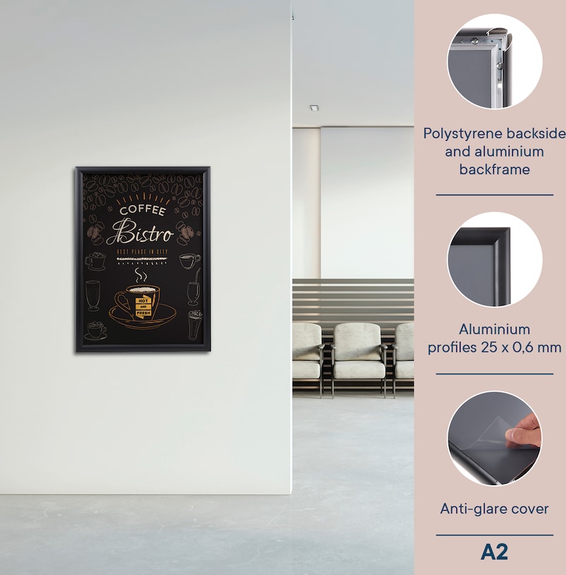 Ein gerahmtes Poster mit einem Kaffeethema.