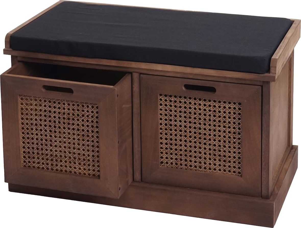 Décoshop26 - Bank aus braunem Paulowniaholz und MDF mit schwarzen Kissen und Aufbewahrungsboxen 47x75x40cm BAN04051