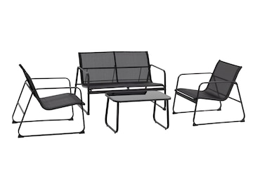 Tarrington House Salón de exterior, 4 piezas, acero/textileno, 2 sillones, 1 sofá de 2 plazas, 1 mesa de centro, negro