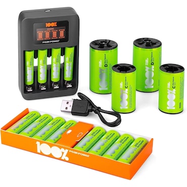 100% PeakPower Cargador de Pilas AAA y AA Super Rápido 2-6 Horas - Incluye 8 Pilas Recargables AA de 2300 mAh, 4 Pilas Recargables AAA 800 mAh, 2 ada