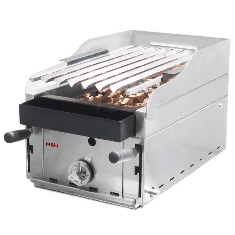 MBH - Professioneller Gas Lavasteingrill 35 cm. Industrie-Grill mit Edelstahl-Grill und Lätzchen für Bar, Restaurant und Catering.