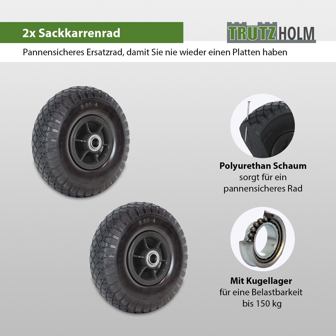 2x Sackkarrenrad PU-Rad 260x85 mm 3.00-4 60 mm versetze Nabe Ø 20 mm schwarz Vollgummi Bollerwagen