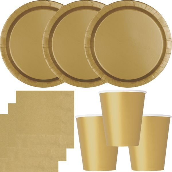 Party Deko Set gold Einweggeschirr für 16 Personen Teller, Becher, Servietten