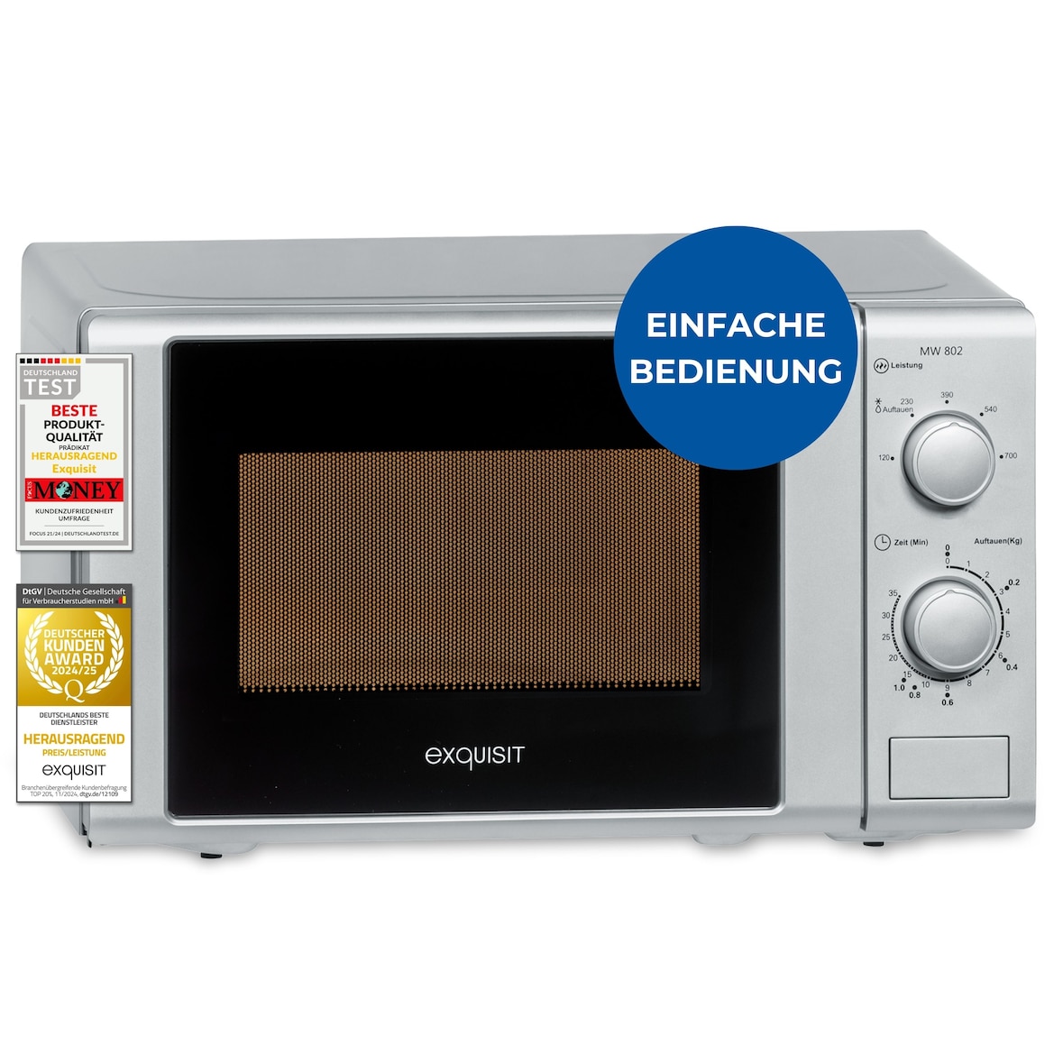Exquisit Mikrowelle 20L, 700 Watt, 25,5cm Drehteller, 5 Leistungsstufen, Timer, Auftaufunktion, 2 Drehregler, MW 802 silber