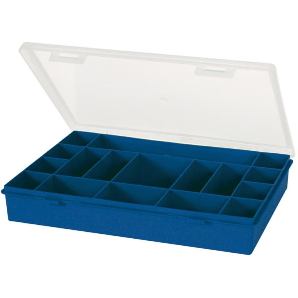 Sortimentskasten, 17 feste Fächer, transparenter Deckel, stapelbar, 330 x 274 x 54 mm, Blau