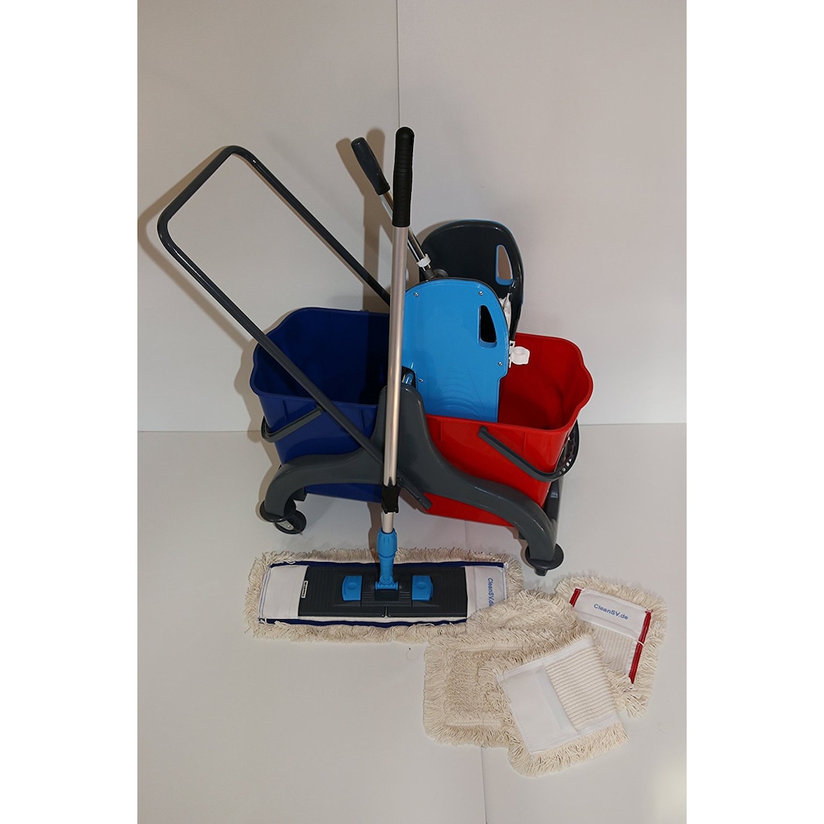 CleanSV® Wischset PE 40  - Reinigungswagen PE mit Presse, MopSet 40 cm: 3 Baumwollmop, Halter, Telskopstiehl