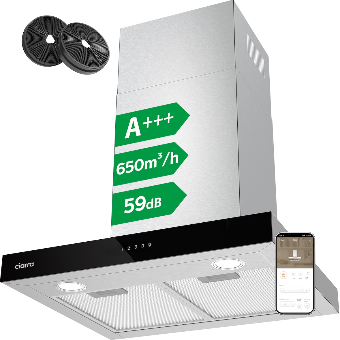 CIARRA A+++ Exaustor 60 cm 650 m³/h Capô de Parede WIFI + APP & Controle Touch Boost VMS6102