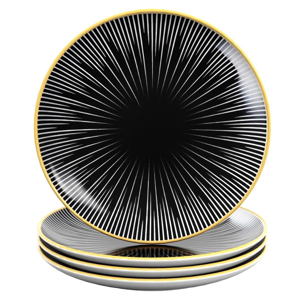 Intirilife 4x Porzellan Teller Muster Gestreift - Schwarz Weiß - Durchmesser 15.3 cm - Frühstücksteller Dessertteller Servierteller